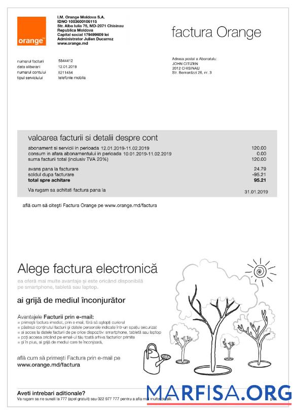 Realistic Moldova Orange utility bill template, fully editable in PSD format